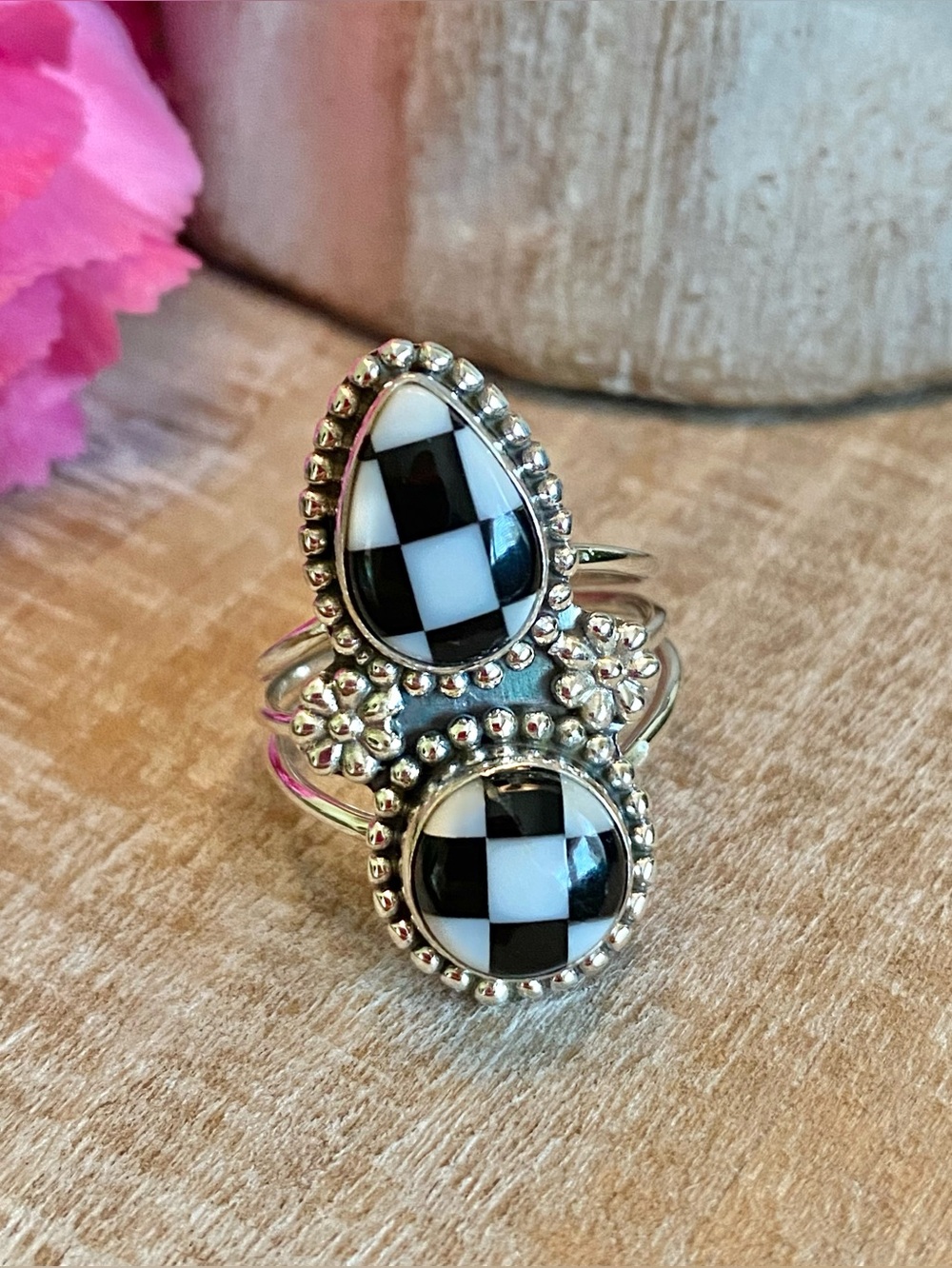 Black/white checkerboard southwestern rodeo ring 925 sterling silver size 8